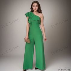 Single Shoulder High-waisted Loose Fit Jumpsuit Green Fitted Strapless Jumpsuit For Summer, High-waisted Green Jumpsuits And Rompers For Summer, Green High-waist Jumpsuits And Rompers For Summer, High Waist Green Jumpsuits And Rompers For Summer, Fitted Green Jumpsuit, Loose Fit Jumpsuit, High Waisted Pants, Dressmaking, Length Sleeve