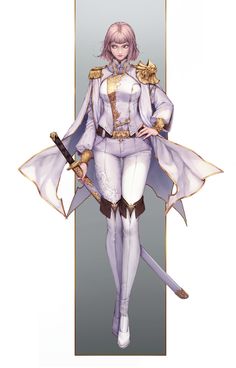 an anime character is dressed in white and holding two swords, with one hand on her hip