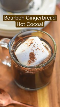 bourbon gingerbread hot cocoa in a glass mug