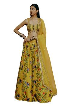 Yellow attached can-can lehenga featuring kalamkari print all over with embroidered waistline. Paired with a aari, resham and zardozi hand embroidered padded blouse and a dupatta. - Aza Fashions Kalamkari Print, Aari Blouse, Padded Blouse, Lehenga Blouse, Dupion Silk, Can Can, Yellow Blouse, Set Women, Aza Fashion