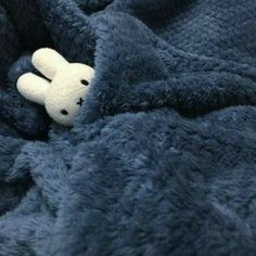 a stuffed animal is tucked into a blue blanket