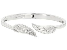 Koadon® Rhodium over sterling silver angel wing bracelet. Measures approximately 7.25"L x 0.31"W and has no closure. Elegant Adjustable Wing-shaped Jewelry, Elegant Silver Winged Jewelry, Elegant Silver Angel Wings Jewelry, Elegant Silver Jewelry With Angel Wings, Angel Wing Bracelet, Angel Bracelet, Silver Angel Wings, No Closure, Angel Wings