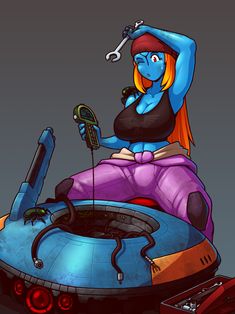 a cartoon character sitting on top of a blue and purple object with a wrench in her hand