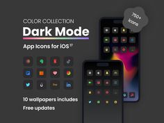 three iphones with dark mode on them and the text, color collection app icons for iphone