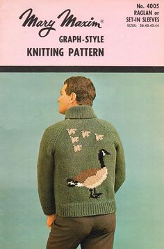 a man wearing a green sweater with birds on it and the words mary martin graph - style knitting pattern