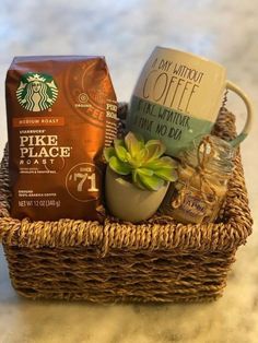 a basket filled with coffee and other items