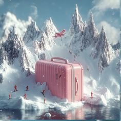 a pink suitcase sitting on top of snow covered ground next to mountains and skiiers