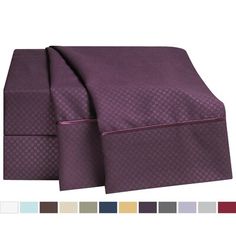 an image of a purple sheet set with matching color swatches on the bottom half