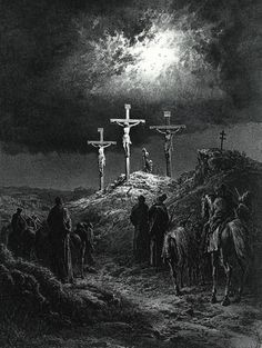 the crucifix is shown with three men on horses and one man standing in front of them