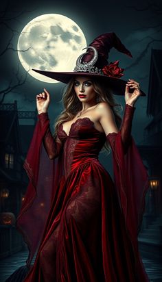 a woman in a red dress and witch hat