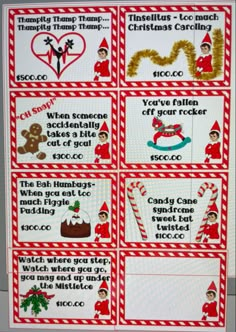 a cross stitch pattern for christmas cards with words and pictures on the front, in red and white