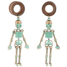 the skeleton earrings are made out of wood and turquoise colored beads, with a wooden circle hanging