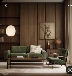 a living room scene with focus on the couch and chair, coffee table and bookshelf