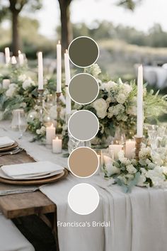 the table is set with candles, flowers and plates for an elegant wedding reception in neutral tones