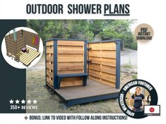 an outdoor shower plans is shown with instructions to build the bathroom out of pallets