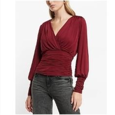 This Dark Red Rushed Satin Top Is Perfect For A Winter Night Out! V-Neck, Pleated Shoulder, 88% Recycled Polyester, 12% Spandex. Never Worn, Pristine Condition. Fits True To Size. Fall V-neck Top For Date Night, Long Sleeve V-neck Top For Fall Party, Long Sleeve V-neck Top For Fall Night Out, Long Sleeve V-neck Top For Night Out In Fall, Fall Party Long Sleeve V-neck Top, Party V-neck Ruched Tops, Chic Burgundy V-neck Blouse, Burgundy Long Sleeve Tops For Night Out, Burgundy V-neck Top For Date Night