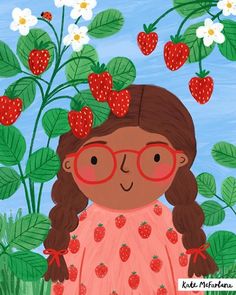 a painting of a girl with red glasses and strawberries on her head standing in front of flowers