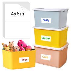 three plastic containers with toys in them and the words 4x6in on each container