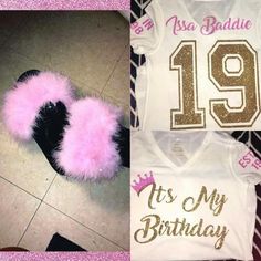 two shirts with the number 19 on them and a pair of pink fuzzy slippers