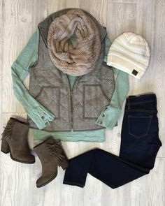 Keep it Casual with Cat Everyone’s instant vest outfit requires riding boots or some kind of booties. Step up your street style and dare to mix prints as well. Large plaids couple nicely with… Modern Brooch, Herringbone Vest, The Cardigans, Muted Green, Stitch Fix Outfits, Shirt Vest, Scarf Hat, Vest Outfits, Green Shirt