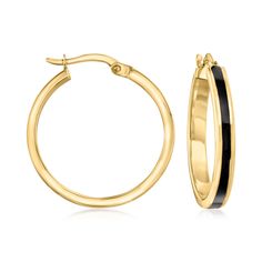 Ross-Simons - Black Enamel Hoop Earrings in 14kt Yellow Gold. 1". Striped with black enamel, these classic 14kt yellow gold hoop earrings will add a bold touch to any outfit. Hanging length is 1". Snap-bar, black enamel hoop earrings. Elegant Gold Hoop Earrings With Black Enamel, Classic Yellow Gold Earrings With Black Enamel, Classic Black Hoop Earrings For Formal Occasions, Black Hoop Earrings For Anniversary, Black Hoop Jewelry For Formal Occasions, Formal Black Hoop Jewelry, Classic Small Hoop Earrings In Black, Classic Small Black Hoop Earrings, Small Black Classic Hoop Earrings