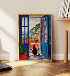 a painting of a cat sitting in front of an open door looking out onto the ocean