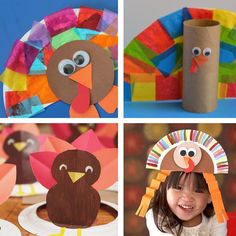 four different pictures with turkeys and paper plates on the top, one is made out of construction paper