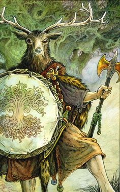 an illustration of a deer holding a shield with horns on it's head, and another animal in the background