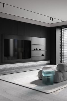 a modern living room with black walls and white carpeted flooring is pictured in this image