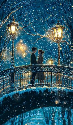 two people standing on a bridge in the snow at night with street lights and lanterns