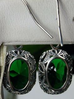 Green Emerald Earrings, Sterling Silver Filigree, Edward #E70, Vintage Reproduction Jewelry, Silver Embrace Jewelry Elegant Green Earrings With Intricate Design, Green Filigree Earrings For Formal Occasions, Green Formal Filigree Earrings, Ornate Green Filigree Earrings, Green Ornate Filigree Earrings, Ornate Green Earrings With Intricate Design, Formal Green Filigree Earrings, Ornate Green Earrings For Formal Occasions, Amazing Earrings