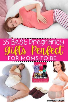 the pregnant woman is laying in bed with her stomach exposed, and there are three different items