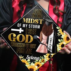 Looking for a unique graduation cap topper on the big day? Check out our design for Black Queen: Even In The Midst Of My Storm I See. It's the perfect choice for you. Or it could be a special gift for your loved one who prepares for the graduation ceremony. This graduation cap topper is digitally hand-drawn (NOT PAINTED), whether you're in a time crunch, or you want something easy and affordable for your special day! It's easy to apply to your graduation cap up to minutes before graduation. Each Customizable Black Graduation Cap Topper Gift, Personalized Black Graduation Accessories, Personalized Graduation Cap Topper As Graduation Gift, Adjustable Black Graduation Cap Topper, Customizable Black Graduation Cap Topper, Black Letter Print Graduation Cap Topper, Black Graduation Cap Topper With Letter Print, Customizable Black Graduation Accessories, Adjustable Black Graduation Cap Topper As A Gift