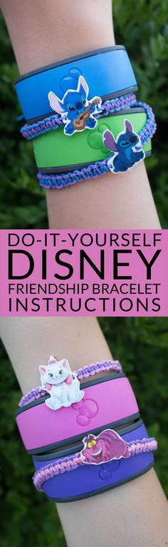 three different bracelets with the words do it yourself, disney and friends on them