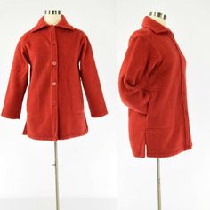 "Free Shipping. Free Returns. Everyday.* Excellent pre-owned vintage shape! Hairy burnt orangey/red fabric Unlined Button front Spread collar Split straight hem Fits like a US modern size: L (see size chart in photos) Vintage Tag Size: none found Outer pockets: 2 Chest: 42\" Shoulder: 19\" Length: 31\"" Utility Shirt, 60s Vintage, Wool Shirt, Photos Vintage, Red Fabric, Vintage Tags, Burnt Orange, Vintage Photos, Vintage Ladies