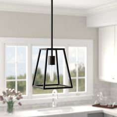 a kitchen light hanging over a sink in front of a window with flowers on the counter