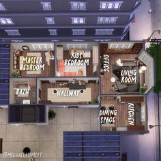 an overhead view of a three bedroom apartment