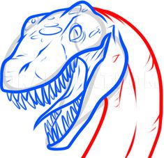 a drawing of a dinosaur's head with red and blue lines on the side