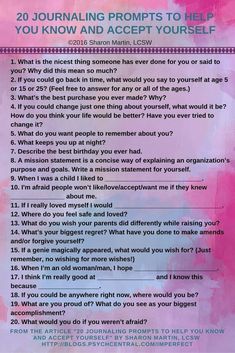 a pink and blue poster with the words, 20 journaling prompts to help you know and accept yourself