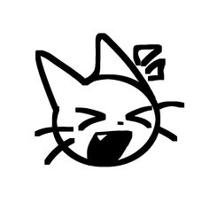 a black and white drawing of a cat's face with its mouth wide open