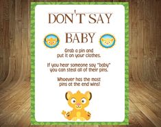 a baby shower sign with an elephant on it's back and the words, don't say baby