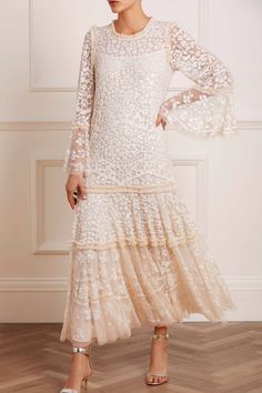 Annie Sequin Tiered Ankle Gown – Champagne | Needle & Thread Bow Artwork, Flora Dress, Ballerina Dress, Sequin Midi Dress, Short Gowns, Long Sleeve Gown, Hawaiian Wedding, Lace Tablecloth, Sequin Gown