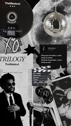 a collage of black and white images with disco balls, music equipment, and photos