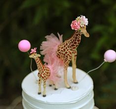 two giraffe figurines on top of a cake with pink and white decorations