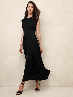 Crystal Pleated Maxi Dress | Banana Republic Factory Formal Sleeveless Pleated Dress With Pleated Hem, Chic Sleeveless Pleated Dress With Pleated Bodice, Formal Sleeveless Dress With Pleated Hem, Chic Pleated Bodice Dress For Work, Sleeveless Midi Dress With Pleated Back For Work, Sleeveless Midi Dress With Pleated Hem For Work, Fitted Pleated Dress With Folds For Workwear, Chic Sleeveless Dress With Accordion Pleats, Chic Sleeveless Pleated Dress