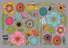 colorful flowers and leaves are arranged on a gray background