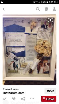 a wedding shadow box with flowers and pictures