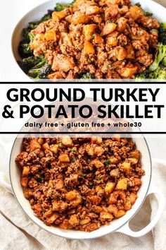 ground turkey and potato skillet with text overlay