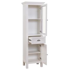 a white bathroom cabinet with its door open and drawers on the bottom shelf next to it