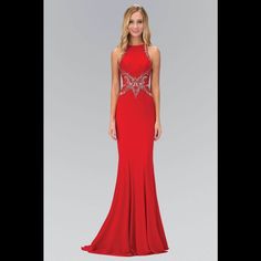 Elizabeth Kgl1357 Illusion Back Floor Length Dress With Sheer Side Cut Fabric: Jersey Length: Hollow To Hem Neckline: High-Neck Sleeve: Sleeveless Back: Covered, Zipper Fitted Embellished Red Maxi Dress, Fitted Red Embellished Maxi Dress, Red Embellished Fitted Maxi Dress, Red Fitted Bodice Gown For Night Out, Red Gown With Fitted Bodice For Night Out, Colorful Floral Dress, Aztec Dress, Long Slip Dress, Rush Dresses